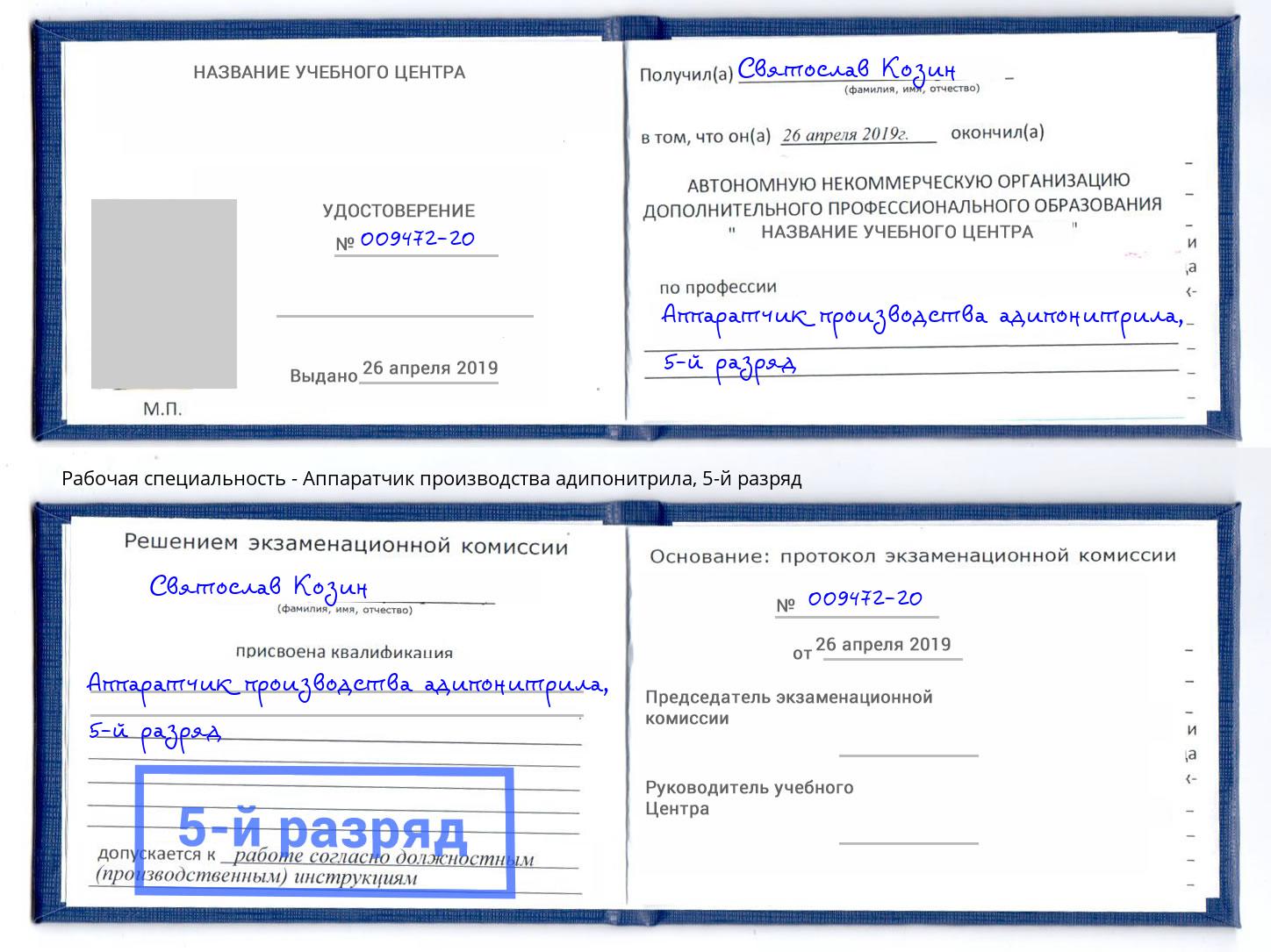 корочка 5-й разряд Аппаратчик производства адипонитрила Аша
