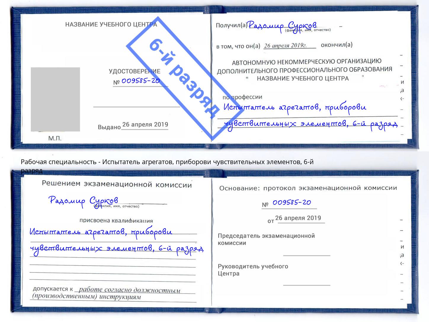 корочка 6-й разряд Испытатель агрегатов, приборови чувствительных элементов Аша