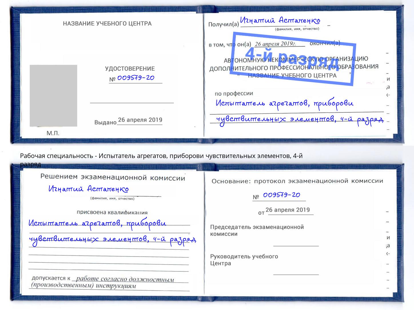 корочка 4-й разряд Испытатель агрегатов, приборови чувствительных элементов Аша