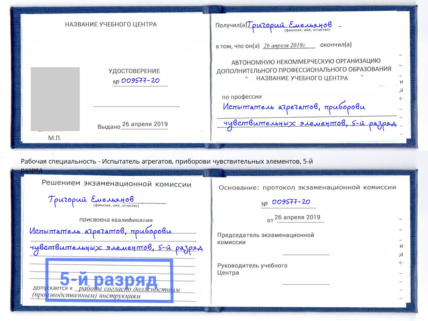 корочка 5-й разряд Испытатель агрегатов, приборови чувствительных элементов Аша
