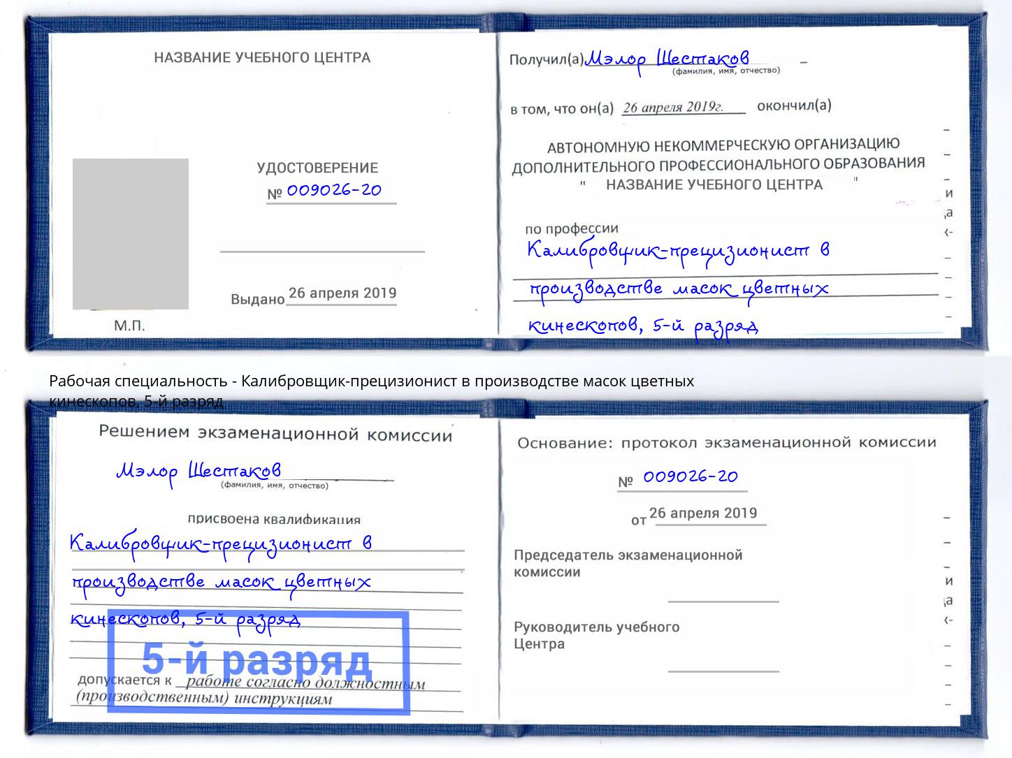 корочка 5-й разряд Калибровщик-прецизионист в производстве масок цветных кинескопов Аша