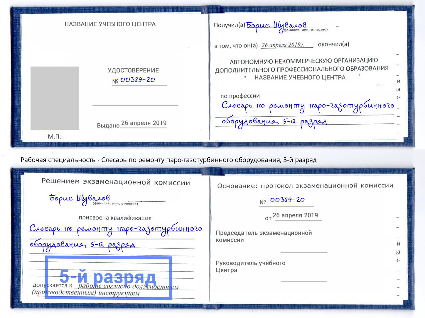 корочка 5-й разряд Слесарь по ремонту паро-газотурбинного оборудования Аша
