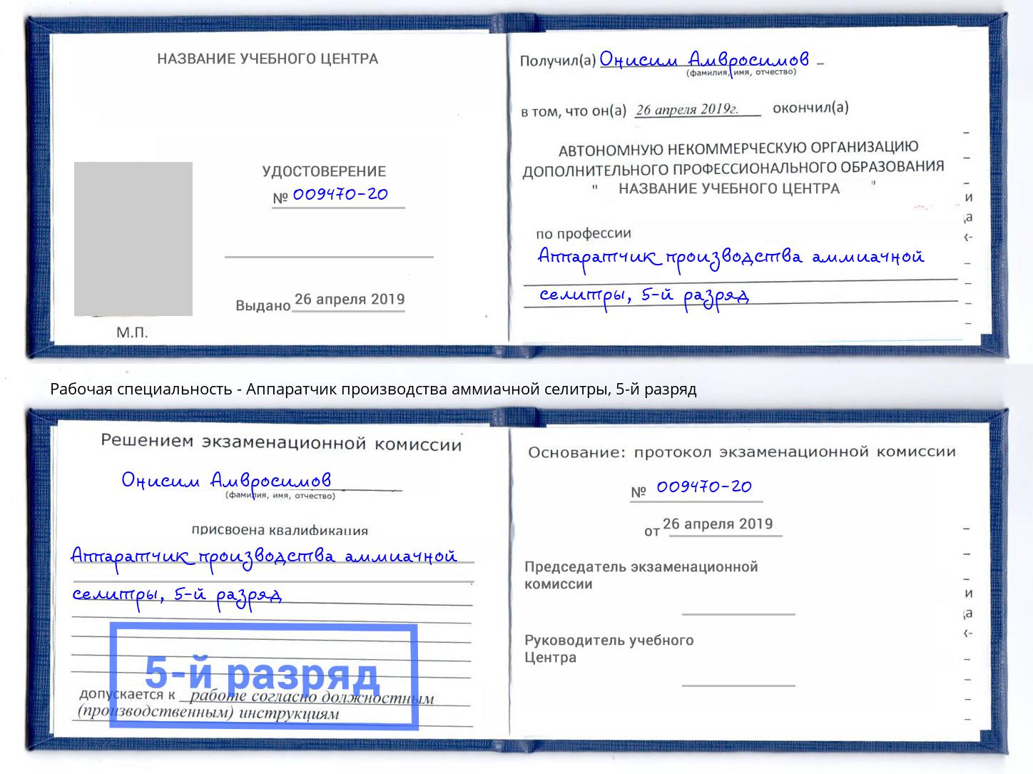 корочка 5-й разряд Аппаратчик производства аммиачной селитры Аша