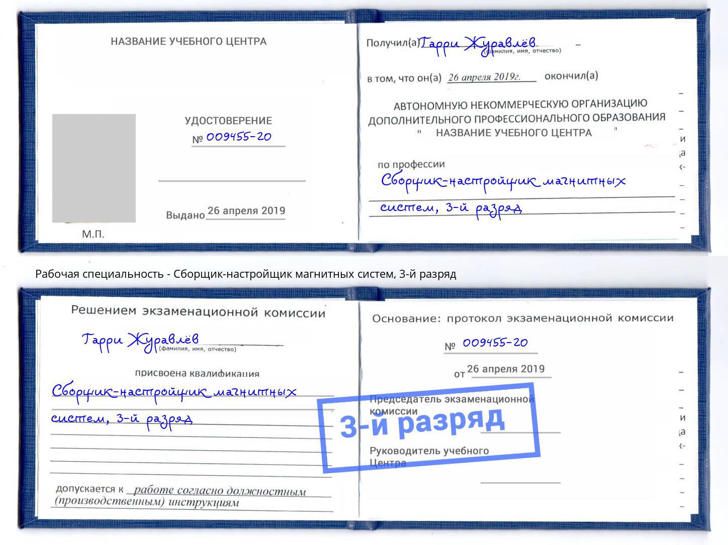 корочка 3-й разряд Сборщик-настройщик магнитных систем Аша