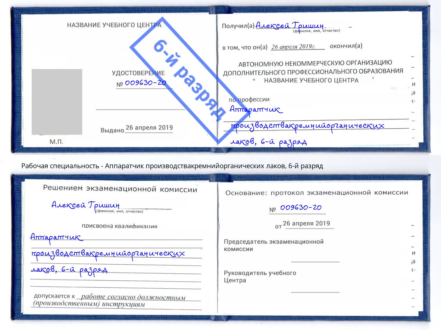 корочка 6-й разряд Аппаратчик производствакремнийорганических лаков Аша