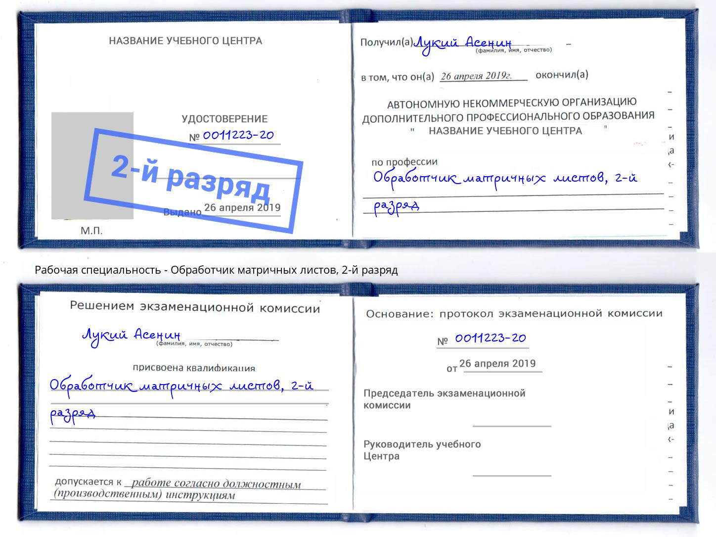 корочка 2-й разряд Обработчик матричных листов Аша