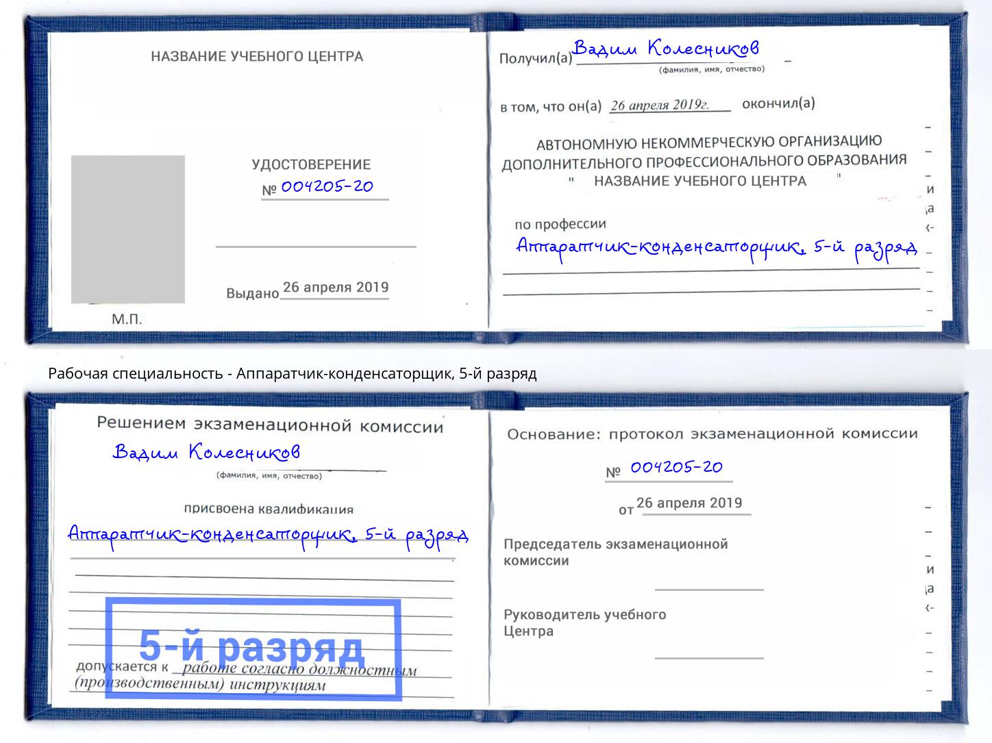корочка 5-й разряд Аппаратчик-конденсаторщик Аша