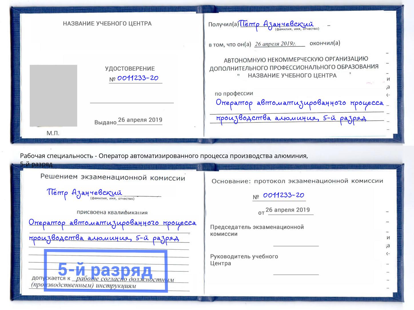 корочка 5-й разряд Оператор автоматизированного процесса производства алюминия Аша