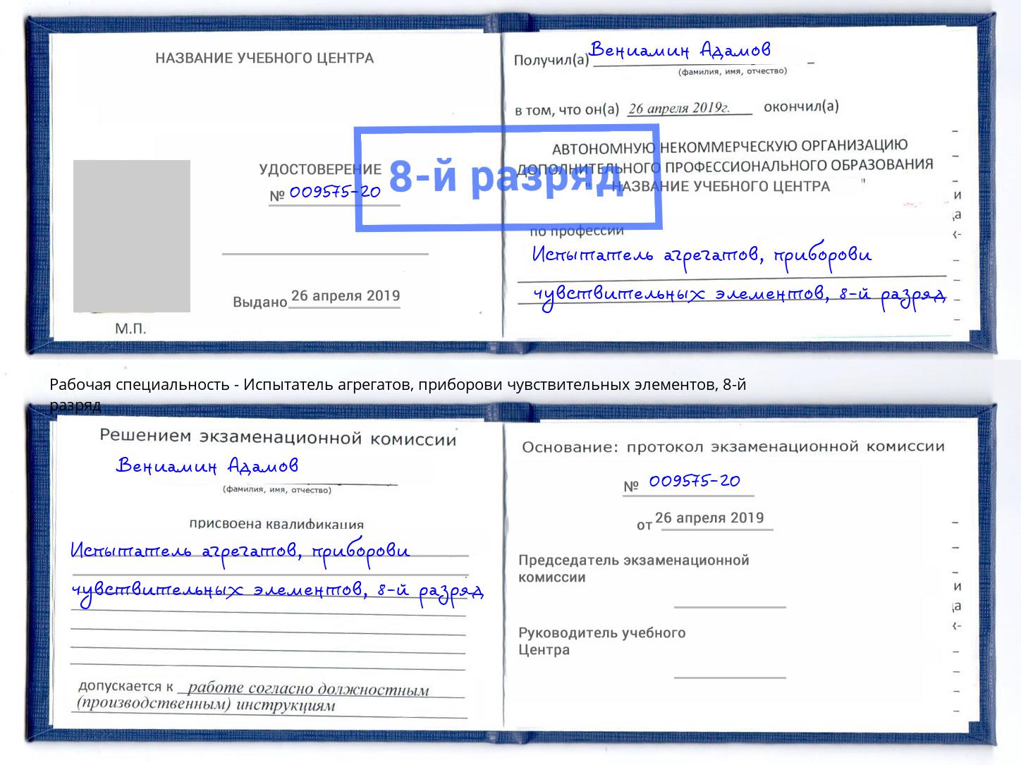 корочка 8-й разряд Испытатель агрегатов, приборови чувствительных элементов Аша